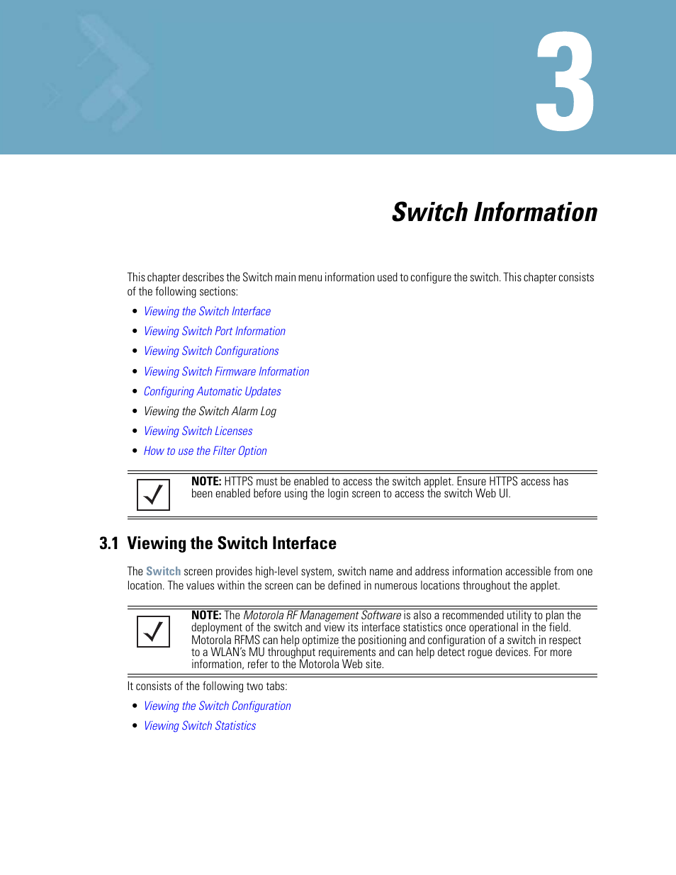 Switch information, 1 viewing the switch interface, Chapter 3. switch information | 1 viewing the switch interface -1 | Motorola Series Switch WS5100 User Manual | Page 45 / 364