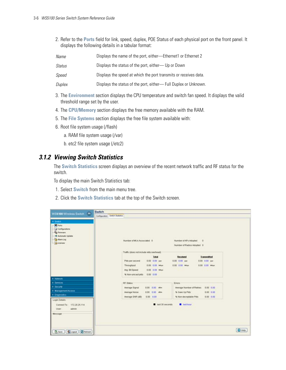 2 viewing switch statistics, 2 viewing switch statistics -6, Viewing switch statistics | Motorola Series Switch WS5100 User Manual | Page 50 / 364