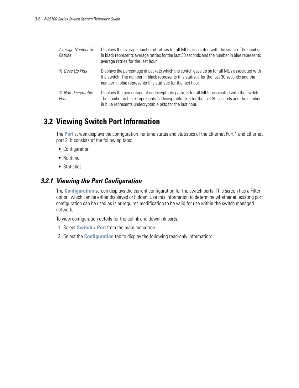 2 viewing switch port information, 1 viewing the port configuration, 2 viewing switch port information -8 | 1 viewing the port configuration -8, Viewing switch port information | Motorola Series Switch WS5100 User Manual | Page 52 / 364