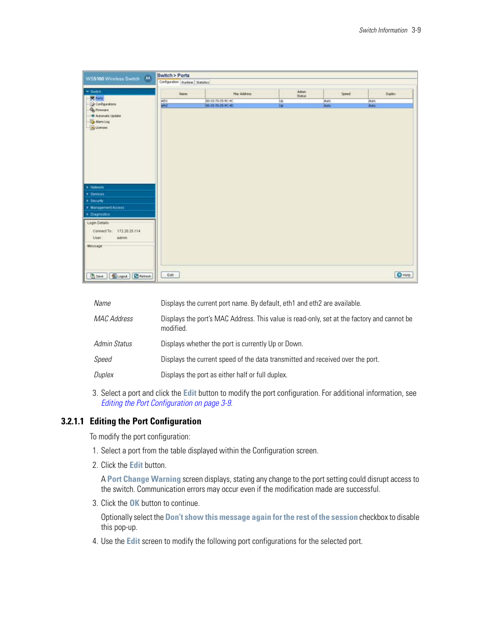 1 editing the port configuration | Motorola Series Switch WS5100 User Manual | Page 53 / 364