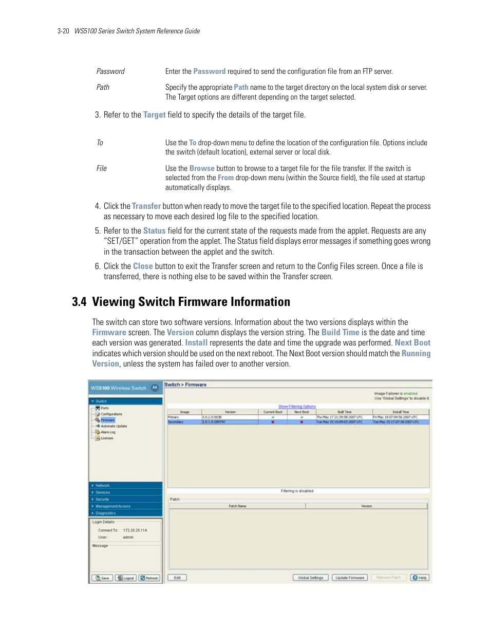 4 viewing switch firmware information, 4 viewing switch firmware information -20, Viewing switch firmware information | Motorola Series Switch WS5100 User Manual | Page 64 / 364