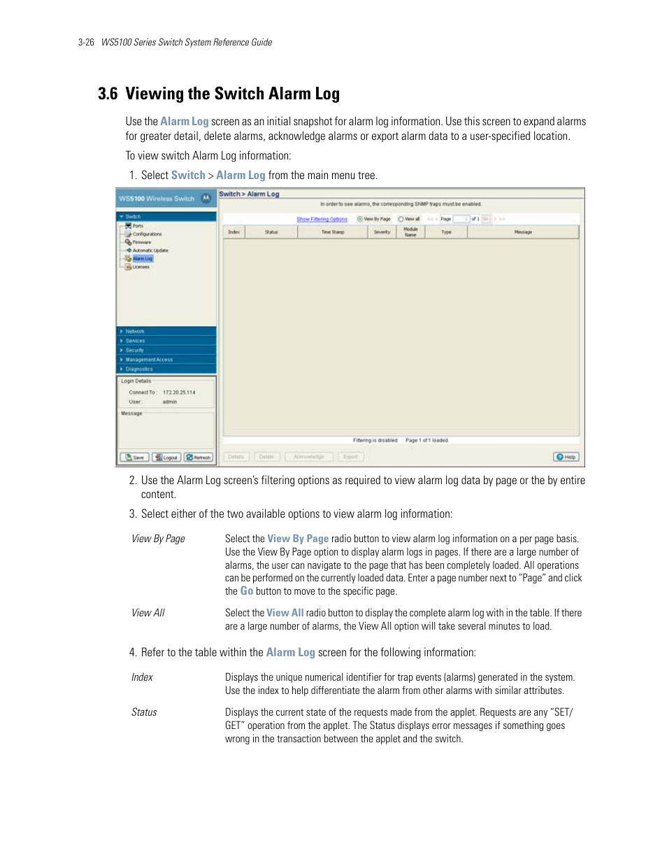 6 viewing the switch alarm log, 6 viewing the switch alarm log -26, Viewing the switch alarm log | Motorola Series Switch WS5100 User Manual | Page 70 / 364