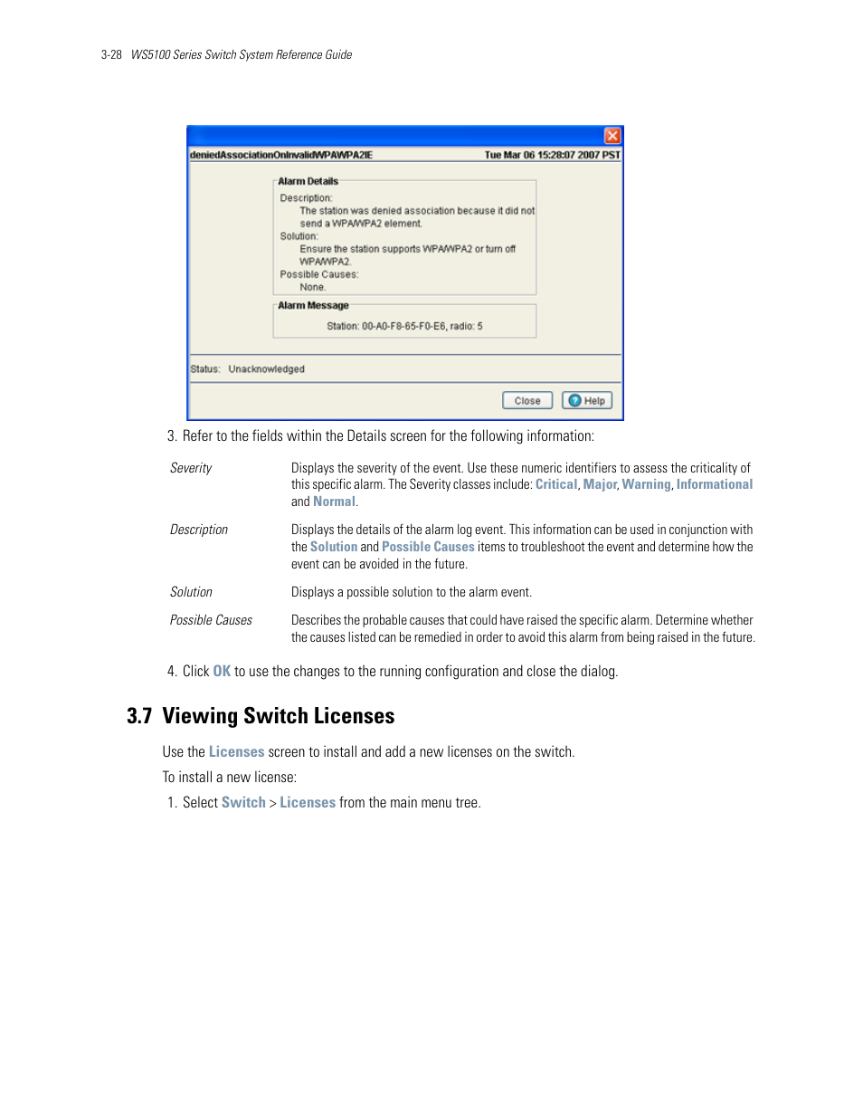 7 viewing switch licenses, 7 viewing switch licenses -28, Viewing switch licenses | Motorola Series Switch WS5100 User Manual | Page 72 / 364