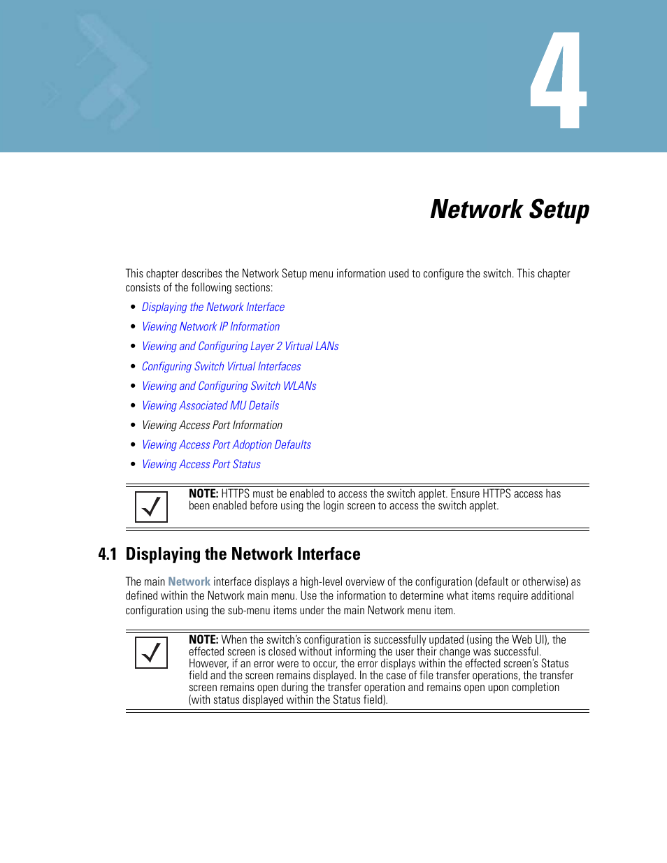 Network setup, 1 displaying the network interface, Chapter 4. network setup | 1 displaying the network interface -1 | Motorola Series Switch WS5100 User Manual | Page 75 / 364