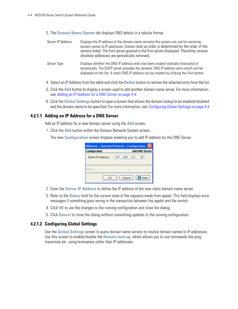 1 adding an ip address for a dns server, 2 configuring global settings | Motorola Series Switch WS5100 User Manual | Page 78 / 364