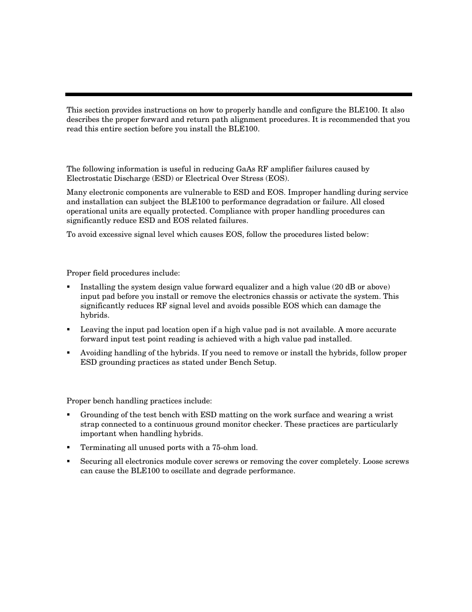 Amplifier setup, Proper handling procedures, Field practice | Bench setup | Motorola BLE100 User Manual | Page 22 / 48