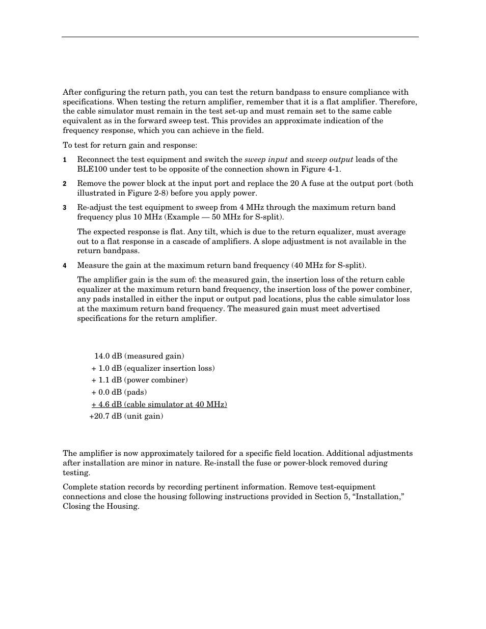 Testing return gain and response, Completing the test procedures | Motorola BLE100 User Manual | Page 39 / 48