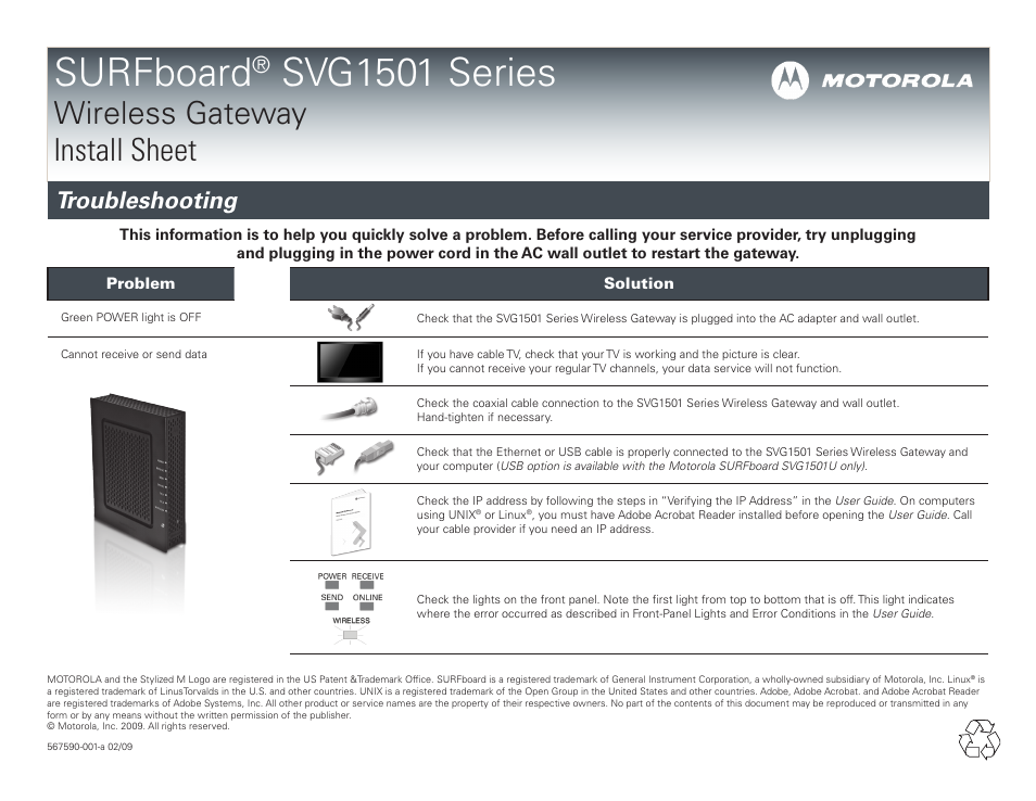Surfboard, Svg1501 series, Wireless gateway install sheet | Troubleshooting | Motorola SURFboard SVG1501 User Manual | Page 2 / 2
