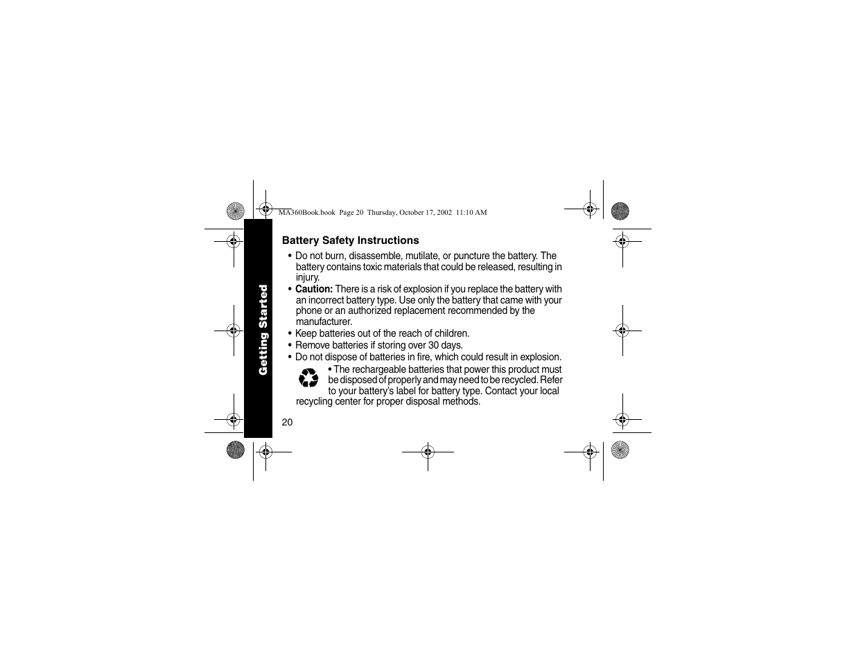 Battery safety instructions | Motorola MA360 Series User Manual | Page 24 / 68