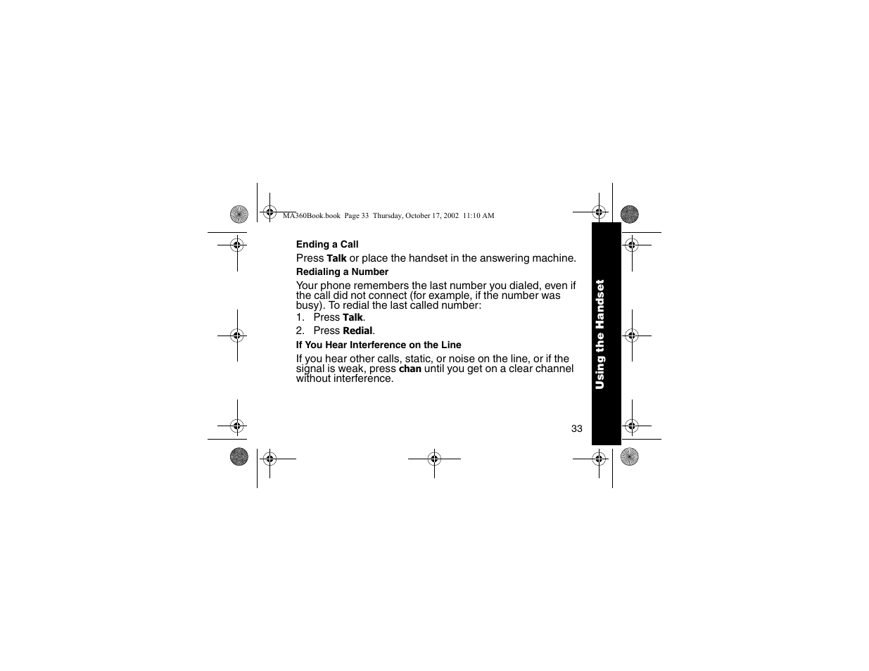 Ending a call, Redialing a number, If you hear interference on the line | On the line | Motorola MA360 Series User Manual | Page 37 / 68