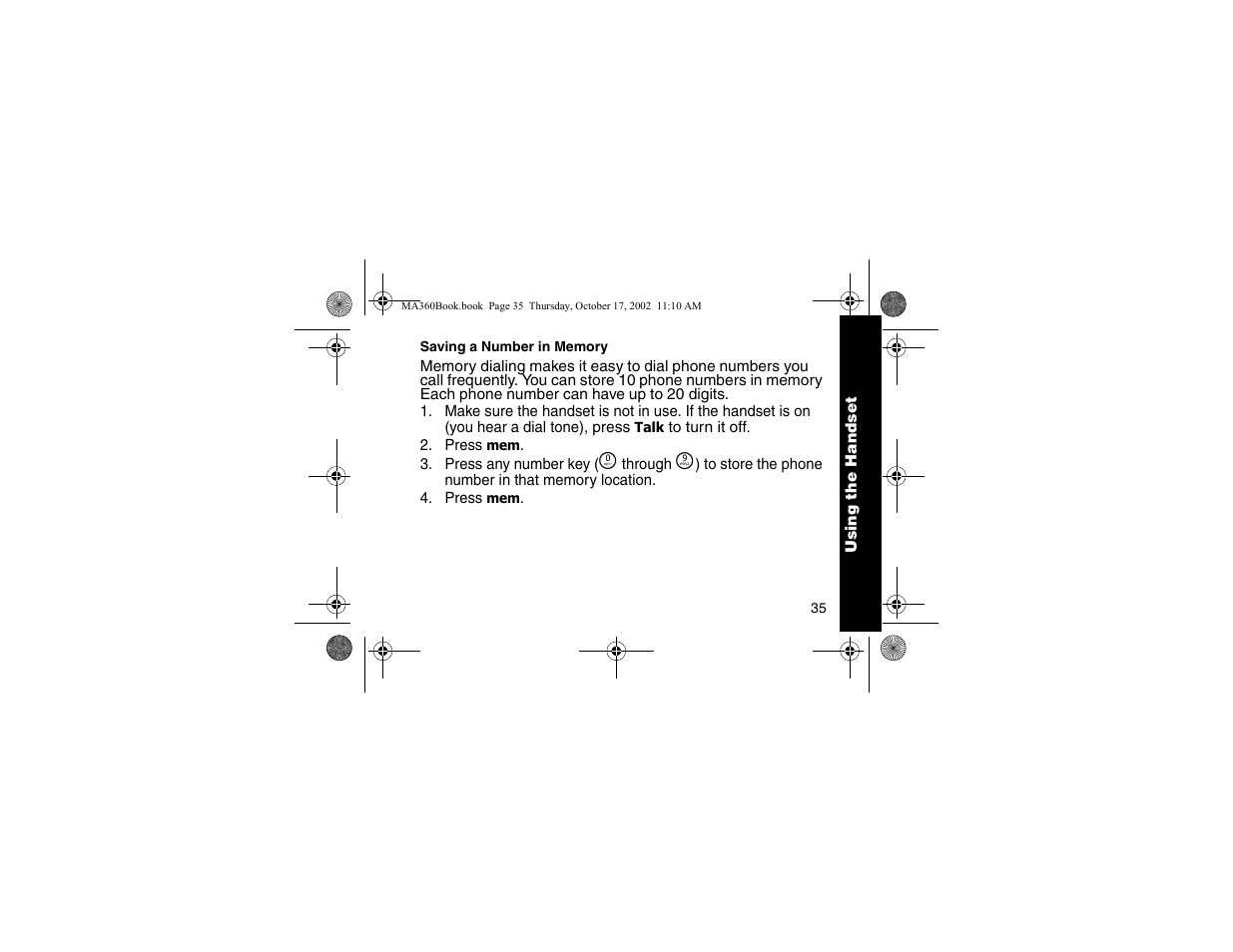 Saving a number in memory | Motorola MA360 Series User Manual | Page 39 / 68