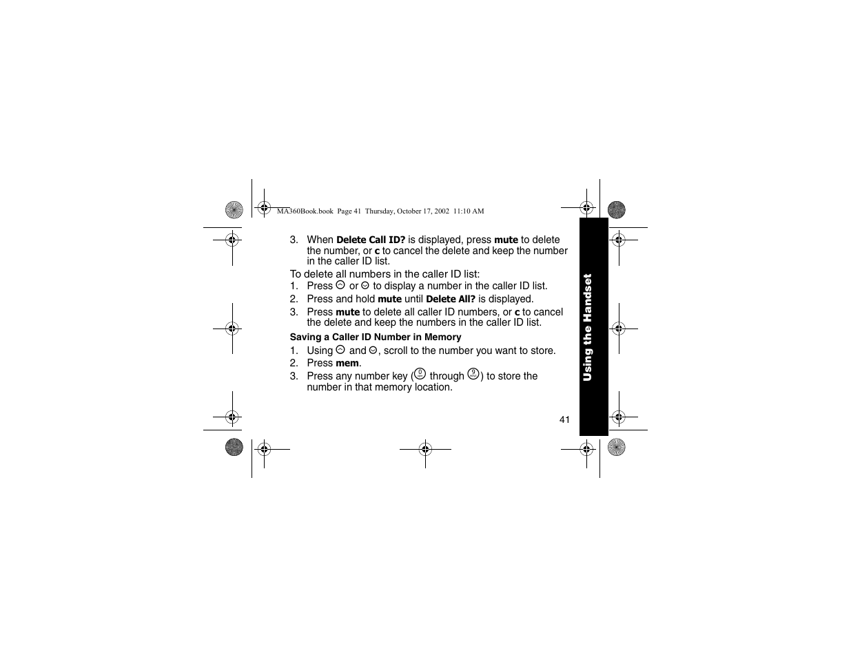 Saving a caller id number in memory, Saving a caller id number, In memory | Motorola MA360 Series User Manual | Page 45 / 68
