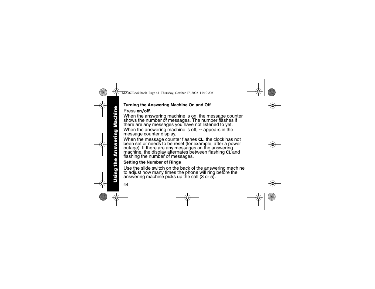 Turning the answering machine on and off, Setting the number of rings, Turning the answering | Machine on and off | Motorola MA360 Series User Manual | Page 48 / 68