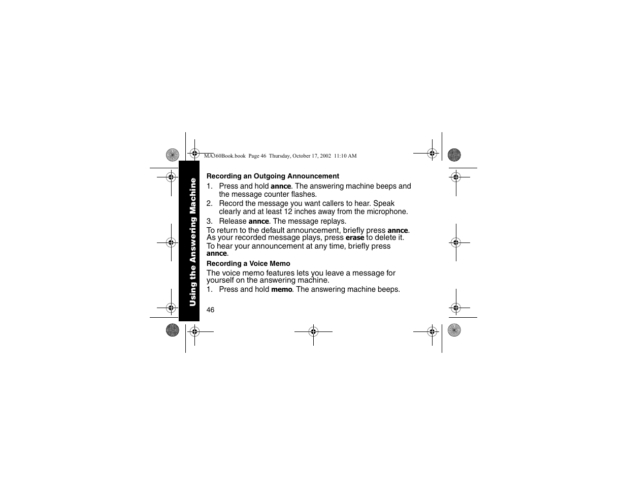 Recording an outgoing announcement, Recording a voice memo, Recording an outgoing | Announcement | Motorola MA360 Series User Manual | Page 50 / 68