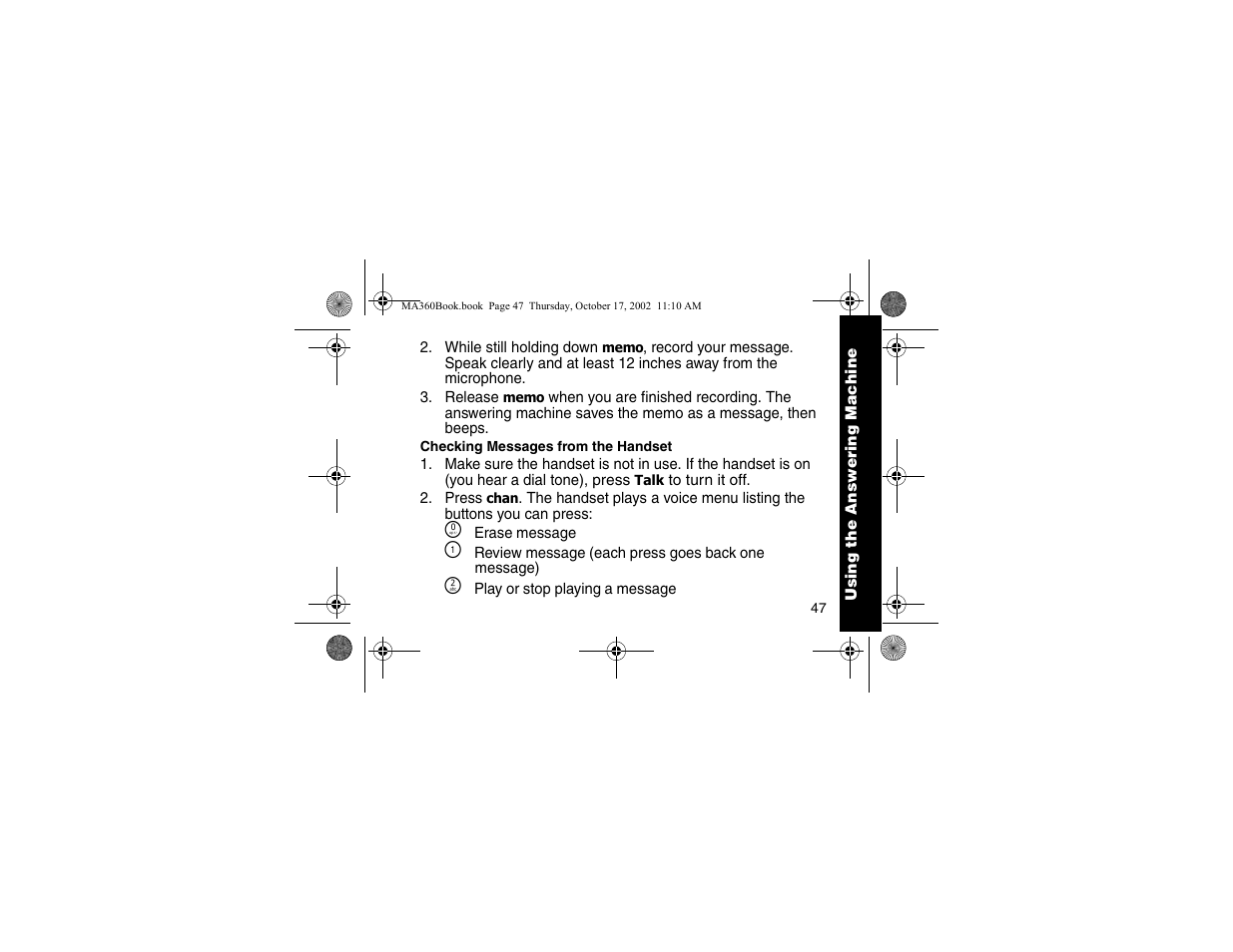 Checking messages from the handset, Checking messages from, The handset | Motorola MA360 Series User Manual | Page 51 / 68
