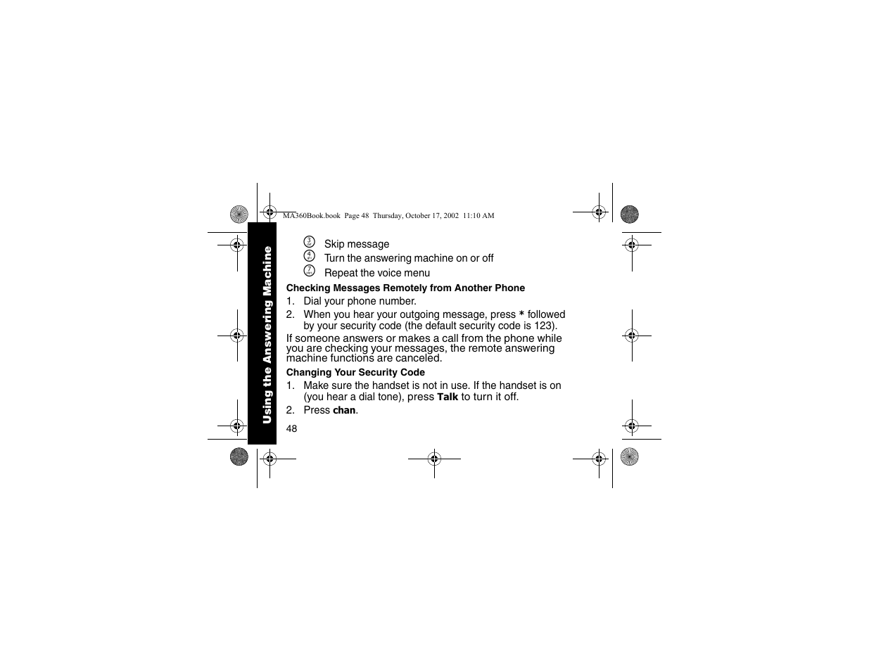 Checking messages remotely from another phone, Changing your security code, Checking messages remotely | From another phone, Changing your security, Code | Motorola MA360 Series User Manual | Page 52 / 68