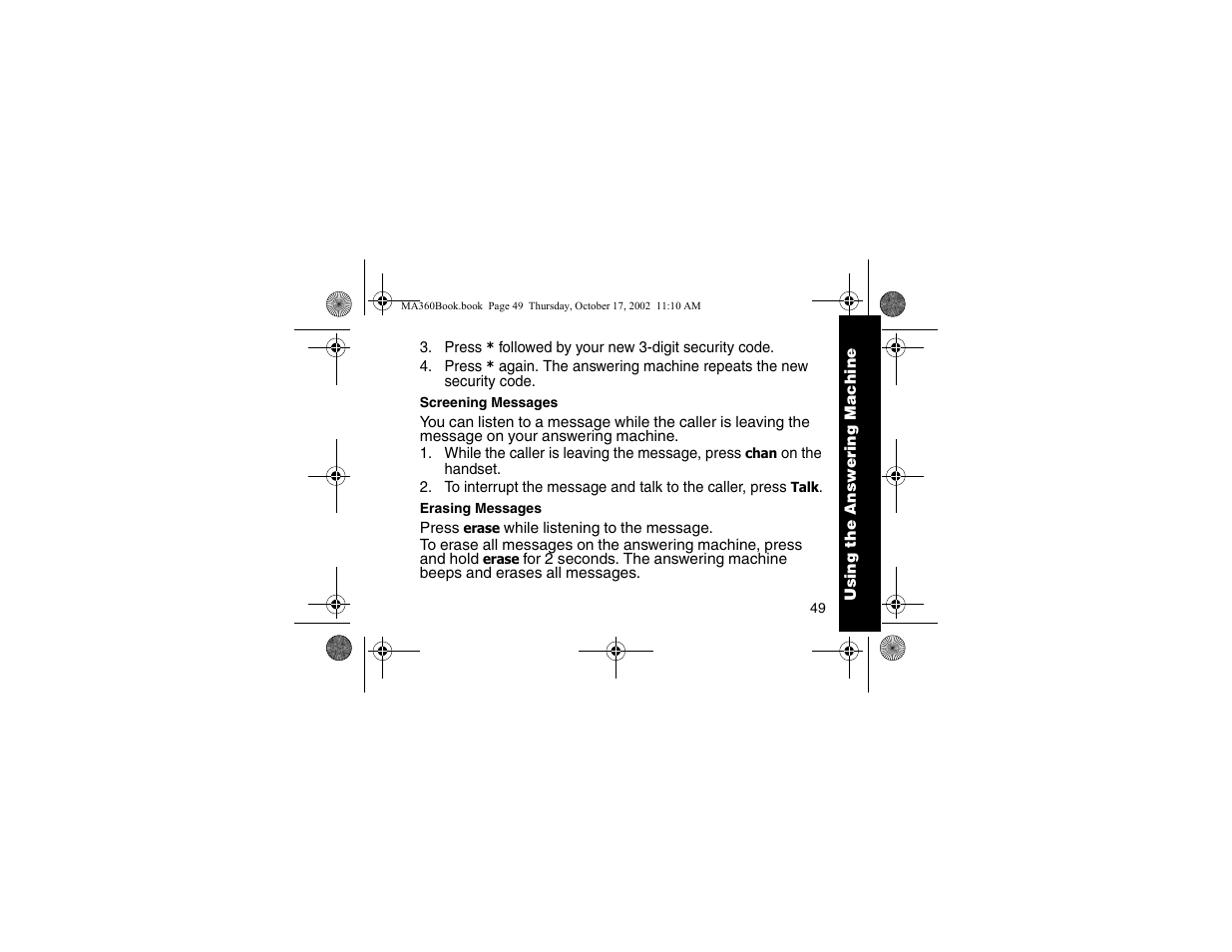 Screening messages, Erasing messages, Screening messages erasing messages | Motorola MA360 Series User Manual | Page 53 / 68