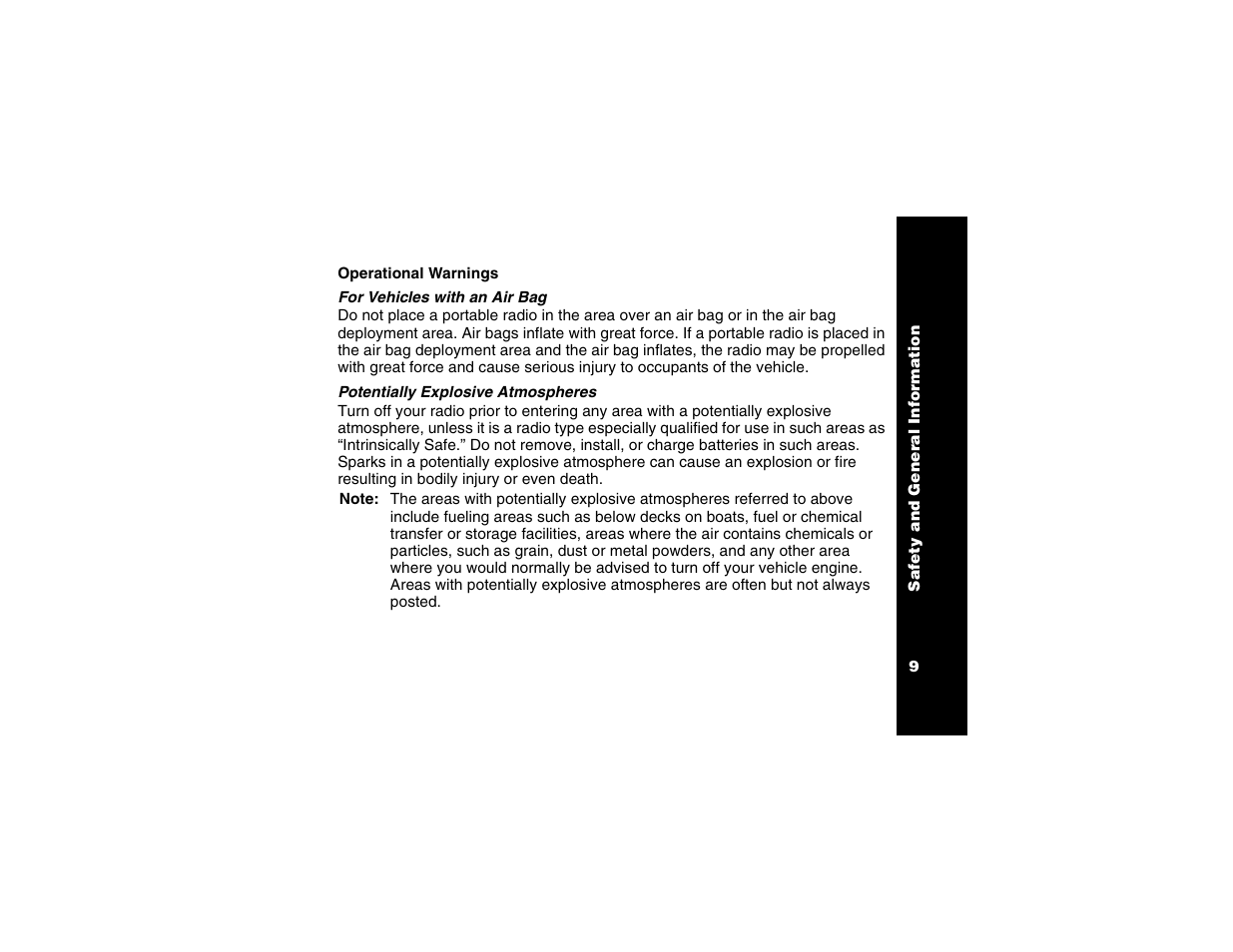 Operational warnings | Motorola T6250 User Manual | Page 11 / 68