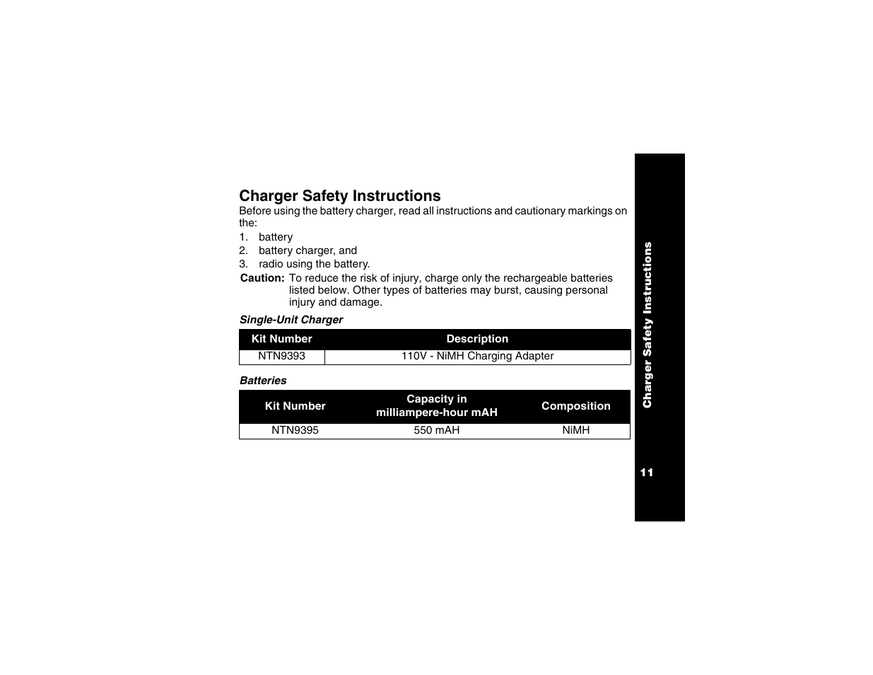 Charger safety instructions | Motorola T6250 User Manual | Page 13 / 68