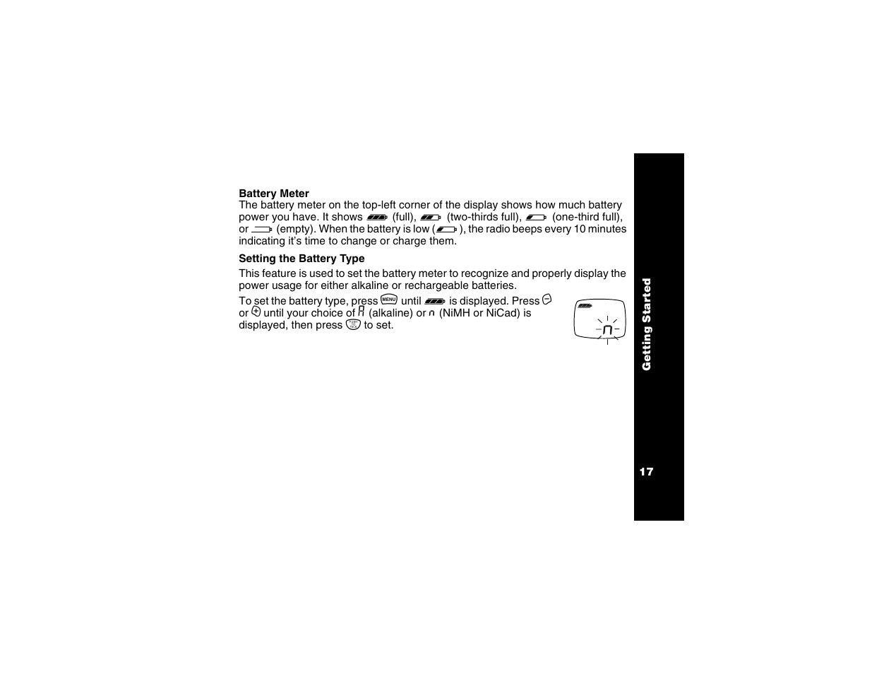 Battery meter, Setting the battery type, Battery meter setting the battery type | Motorola T6250 User Manual | Page 19 / 68