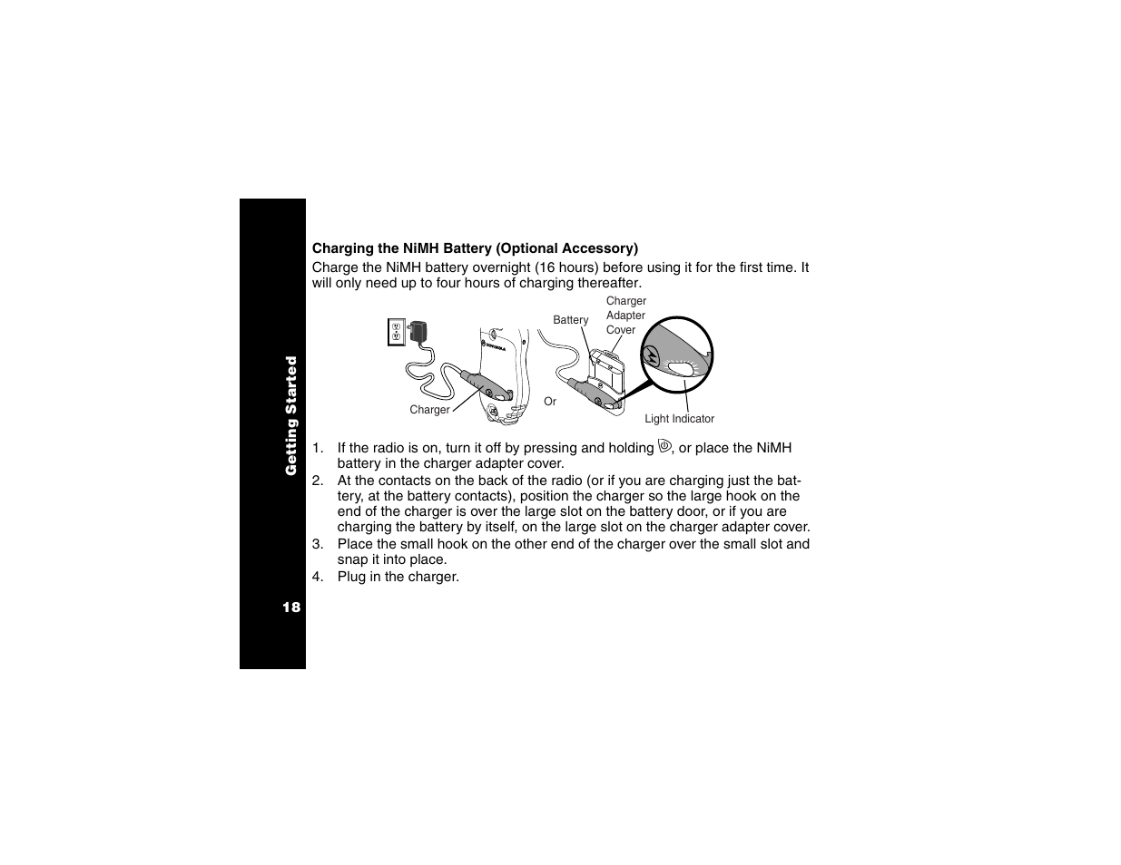 Charging the nimh battery (optional accessory), Charging the nimh battery, Optional accessory) | Motorola T6250 User Manual | Page 20 / 68
