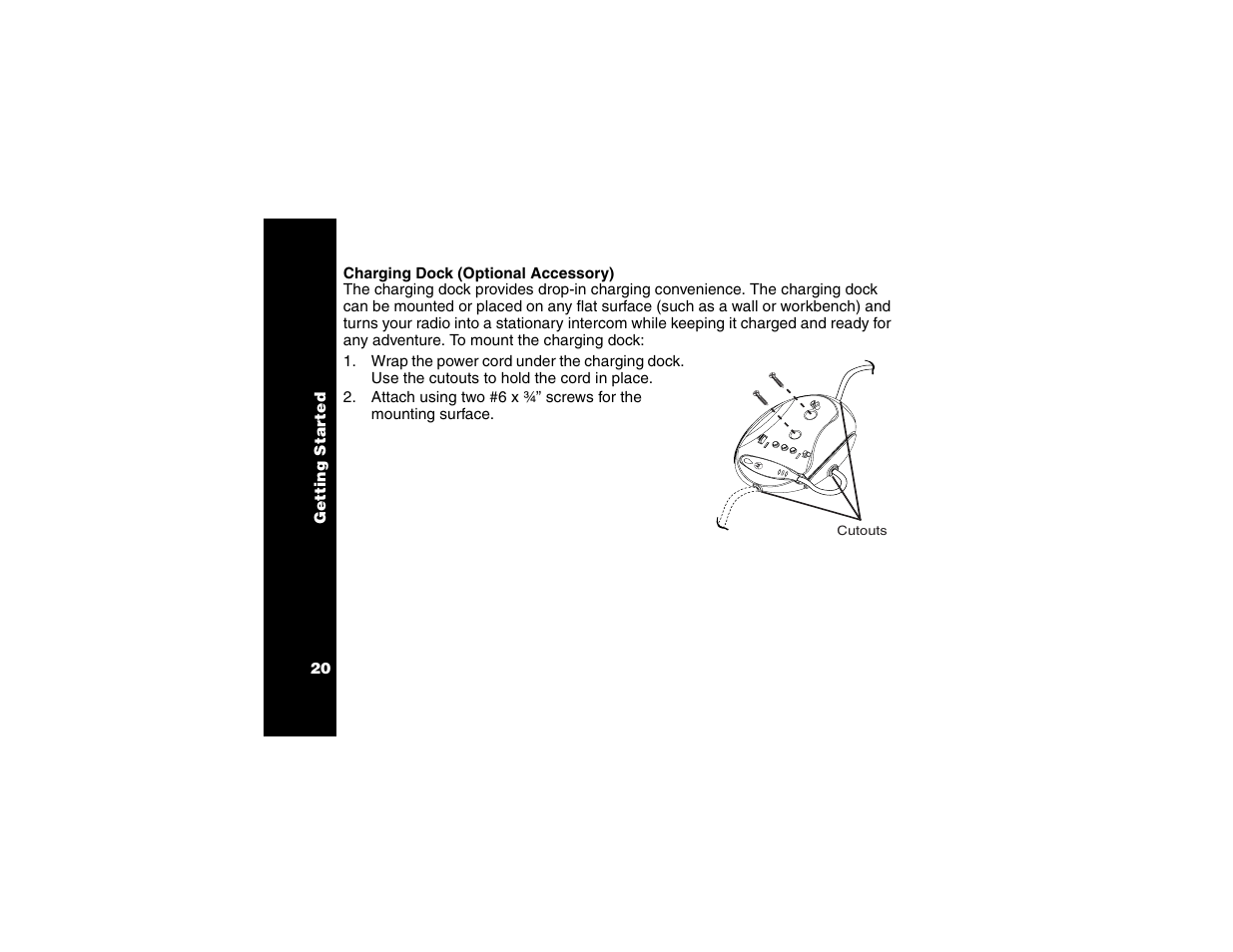 Charging dock (optional accessory), Charging dock (optional, Accessory) | Motorola T6250 User Manual | Page 22 / 68