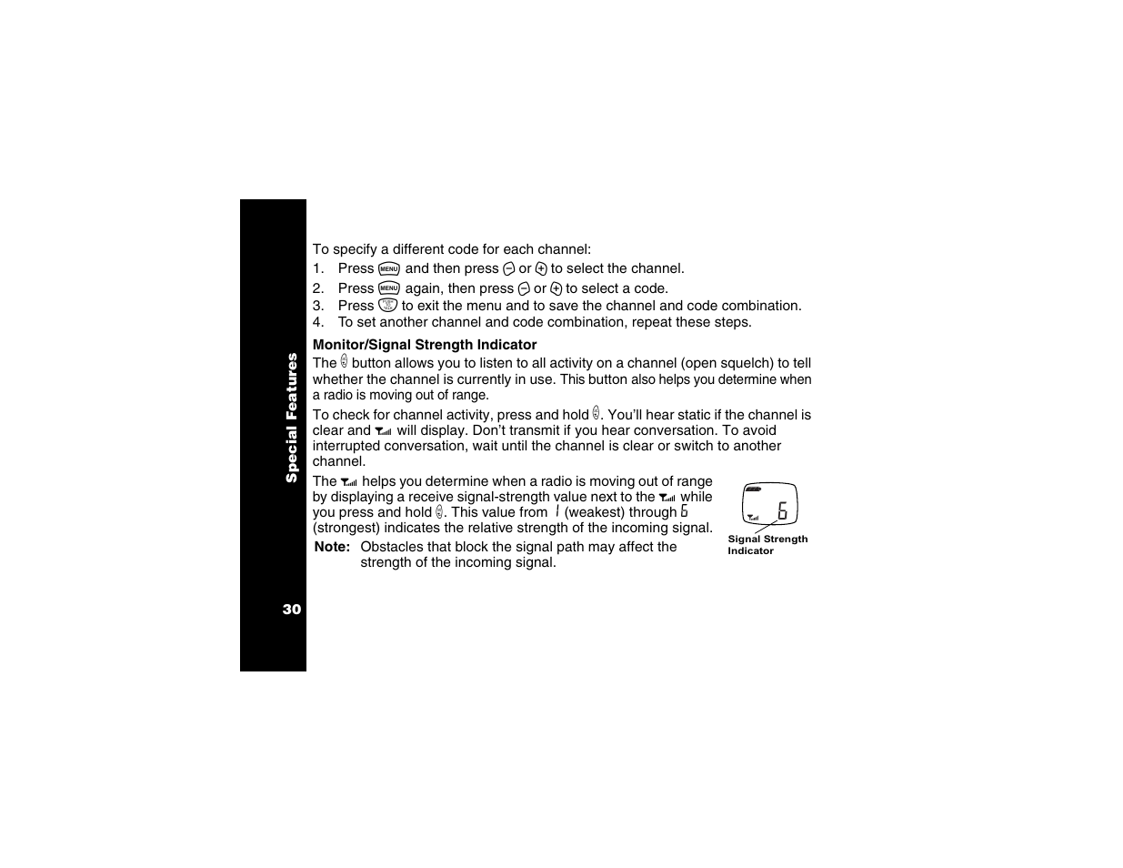 Monitor/signal strength indicator, Monitor/signal strength, Indicator | Motorola T6250 User Manual | Page 32 / 68