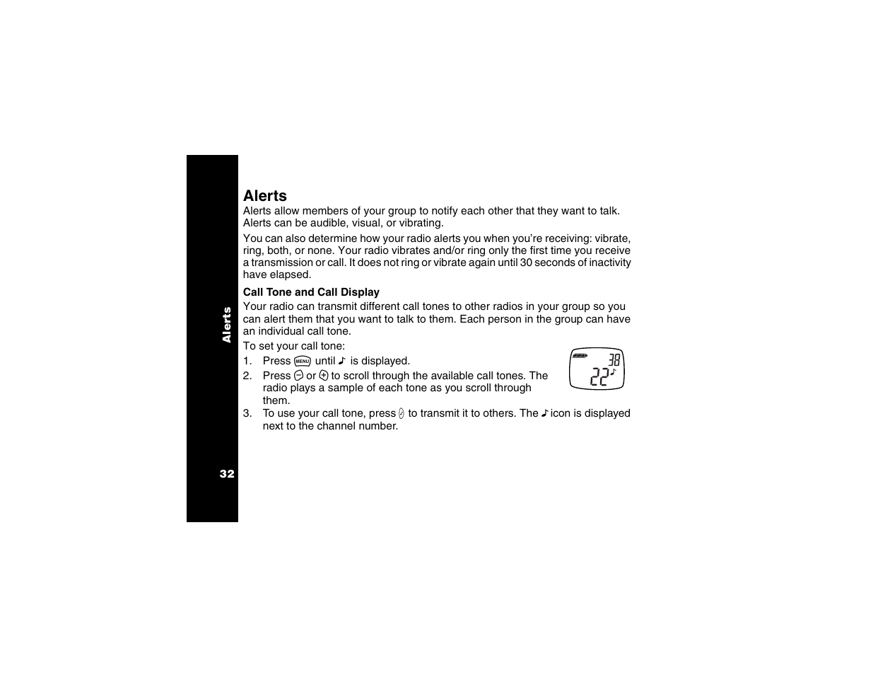 Alerts, Call tone and call display | Motorola T6250 User Manual | Page 34 / 68