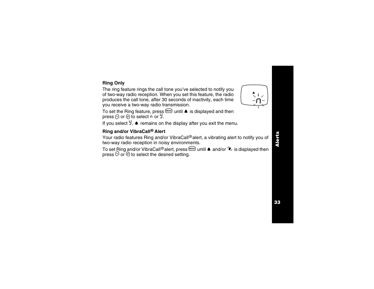 Ring only, Ring and/or vibracall® alert, Ring only ring and/or vibracall | Motorola T6250 User Manual | Page 35 / 68