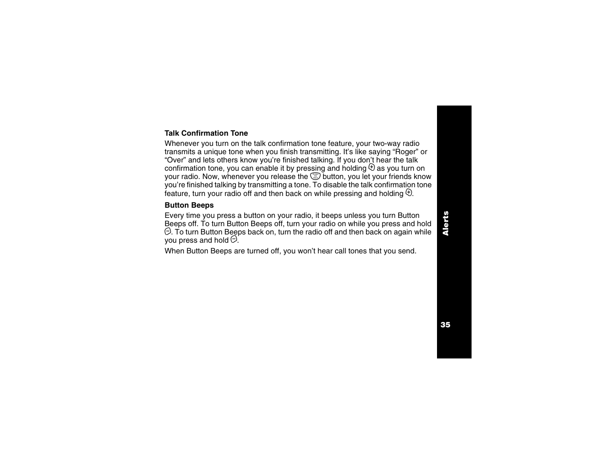 Talk confirmation tone, Button beeps, Talk confirmation tone button beeps | Motorola T6250 User Manual | Page 37 / 68