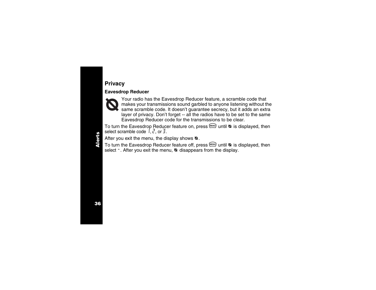 Eavesdrop reducer | Motorola T6250 User Manual | Page 38 / 68