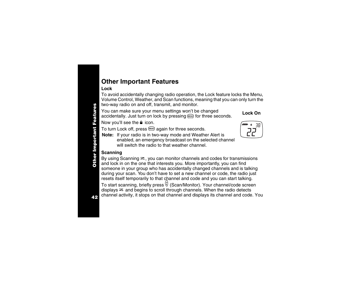 Other important features, Lock, Scanning | Lock scanning | Motorola T6250 User Manual | Page 44 / 68