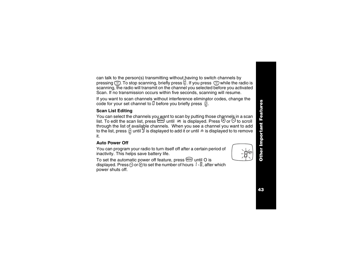 Scan list editing, Auto power off, Scan list editing auto power off | Motorola T6250 User Manual | Page 45 / 68
