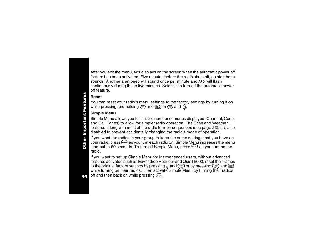 Reset, Simple menu, Reset simple menu | Motorola T6250 User Manual | Page 46 / 68