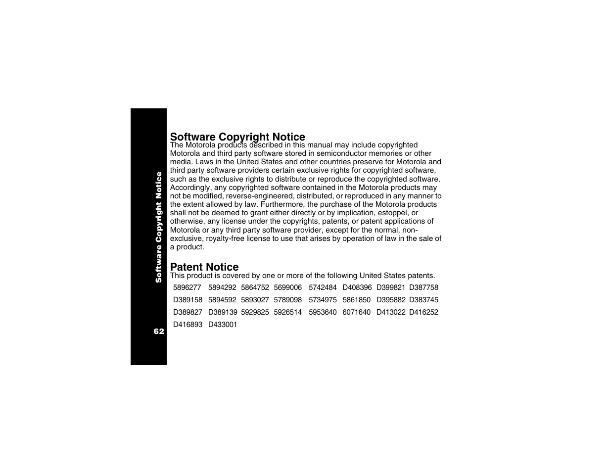 Software copyright notice, Patent notice | Motorola T6250 User Manual | Page 64 / 68