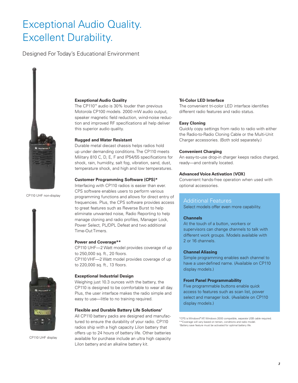 Exceptional audio quality. excellent durability, Designed for today’s educational environment, Additional features | Motorola CP110 User Manual | Page 3 / 8