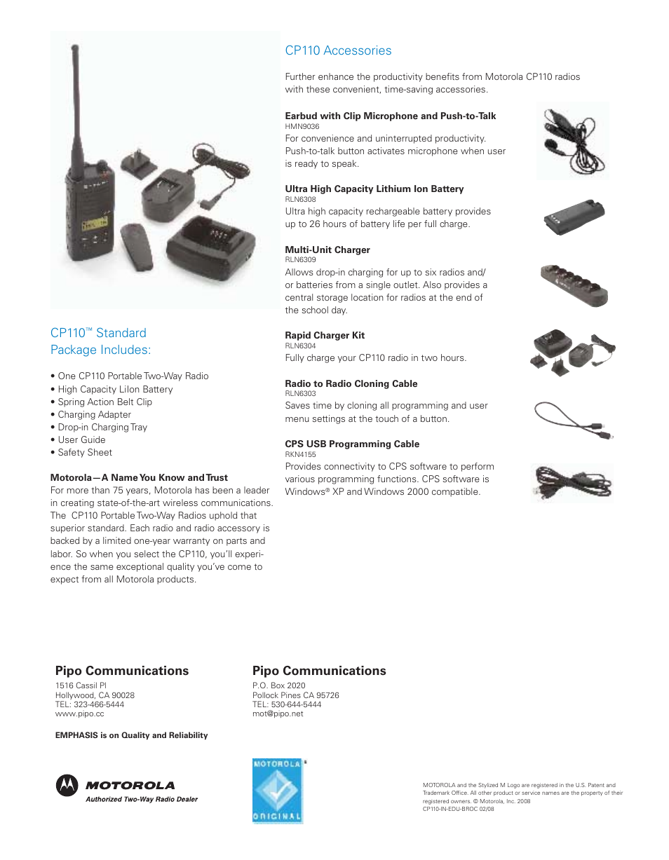 Cp110, Standard package includes, Cp110 accessories | Pipo communications | Motorola CP110 User Manual | Page 4 / 8