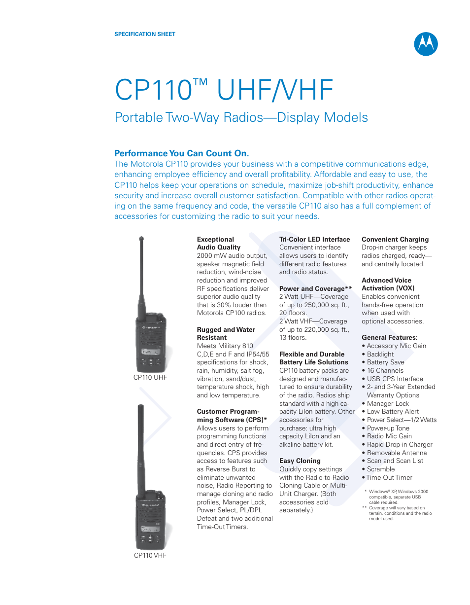 Cp110, Uhf/vhf, Portable two-way radios—display models | Motorola CP110 User Manual | Page 5 / 8