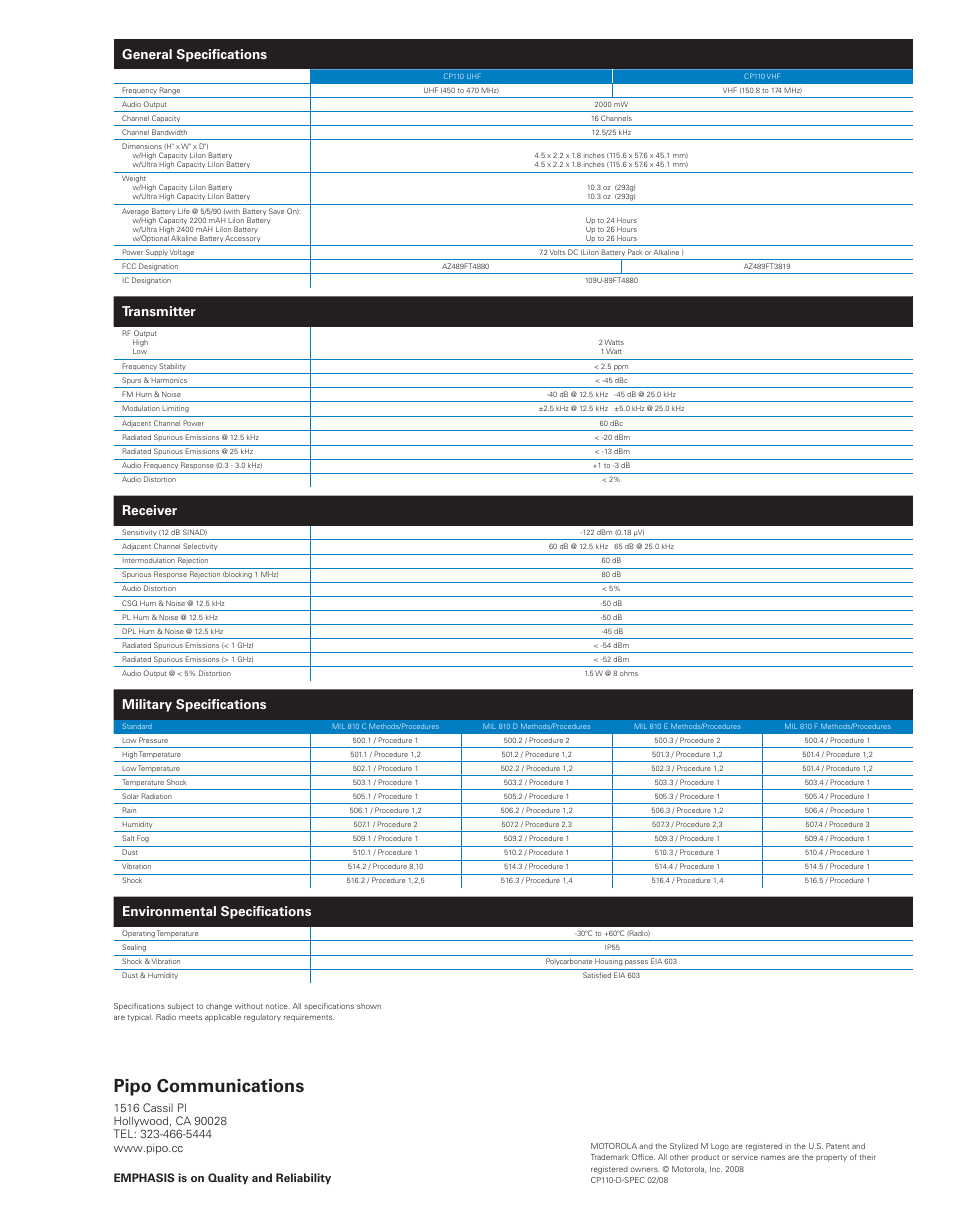 Pipo communications, General speciﬁ cations, Transmitter | Receiver, Military speciﬁ cations, Environmental speciﬁ cations | Motorola CP110 User Manual | Page 6 / 8