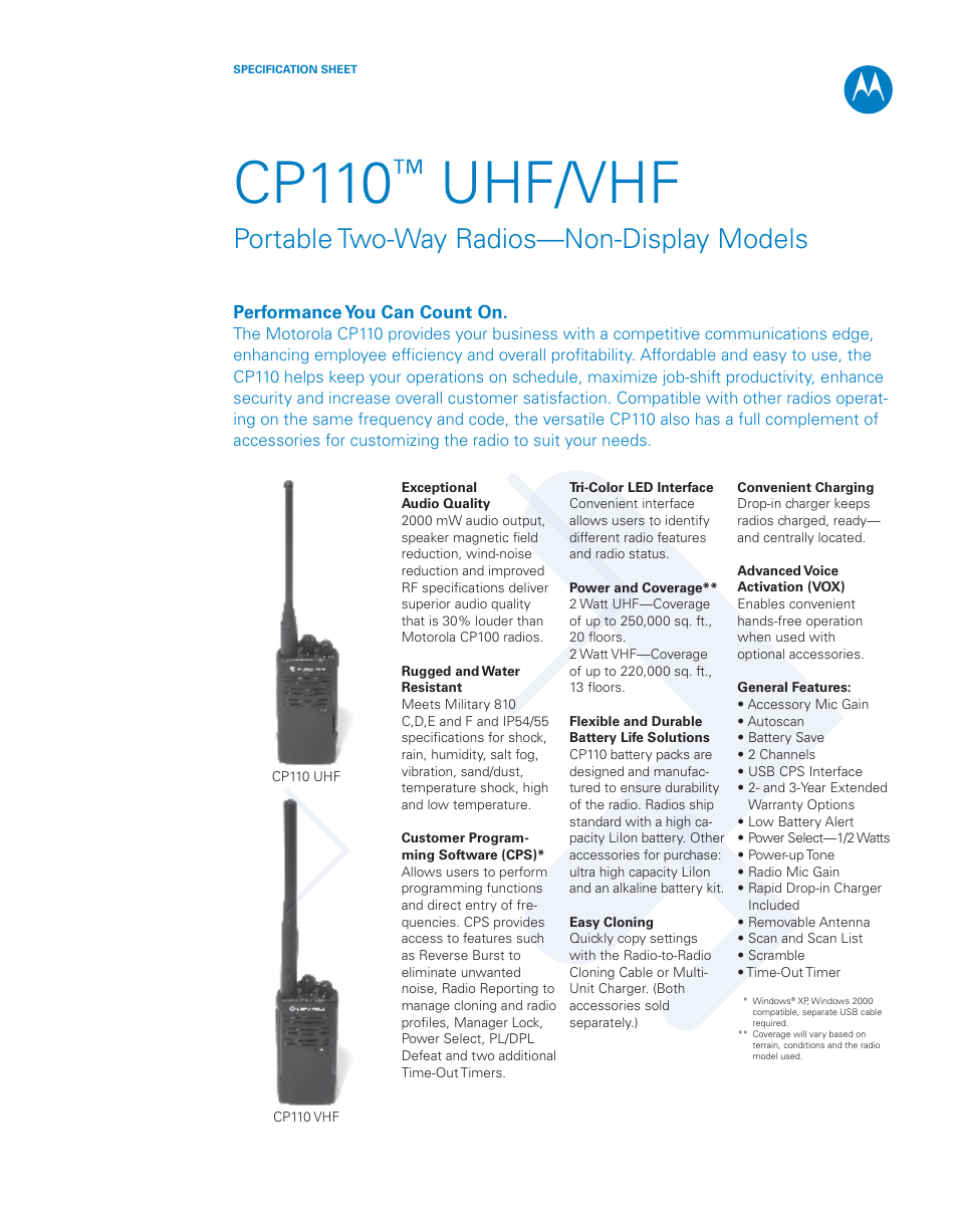 Cp110, Uhf/vhf, Portable two-way radios—non-display models | Motorola CP110 User Manual | Page 7 / 8