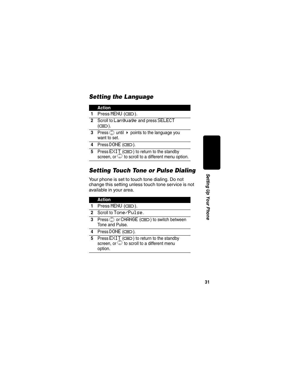 Setting the language, Setting touch tone or pulse dialing, Re l im in a r y | Motorola MD470 Series User Manual | Page 33 / 62