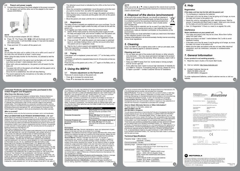 Binatone, Using the mbp10, Disposal of the device (environment) | Cleaning, Help, General information | Motorola MBP10 User Manual | Page 2 / 2