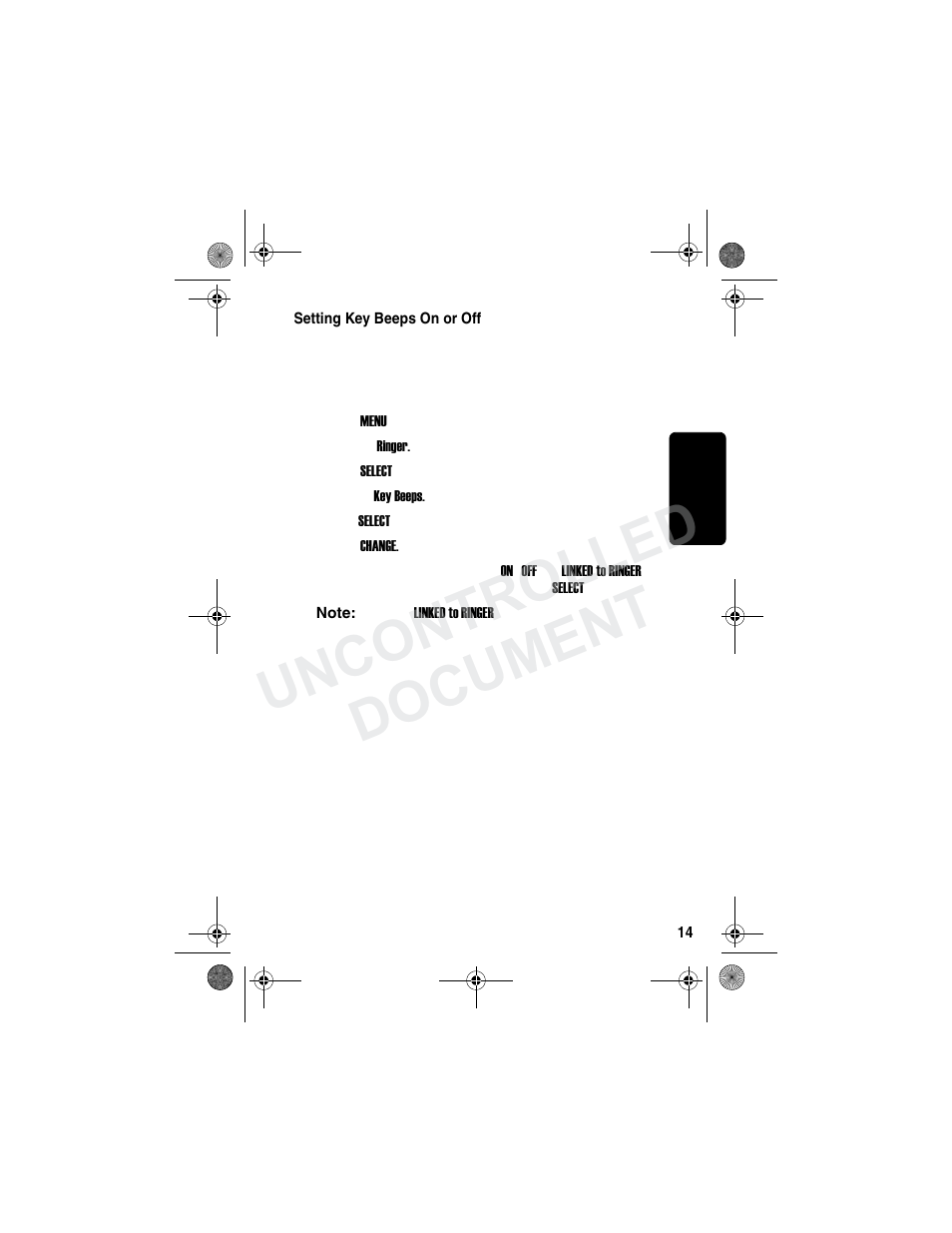 Setting key beeps on or off, Uncontrolled document | Motorola MD790 Series User Manual | Page 30 / 70