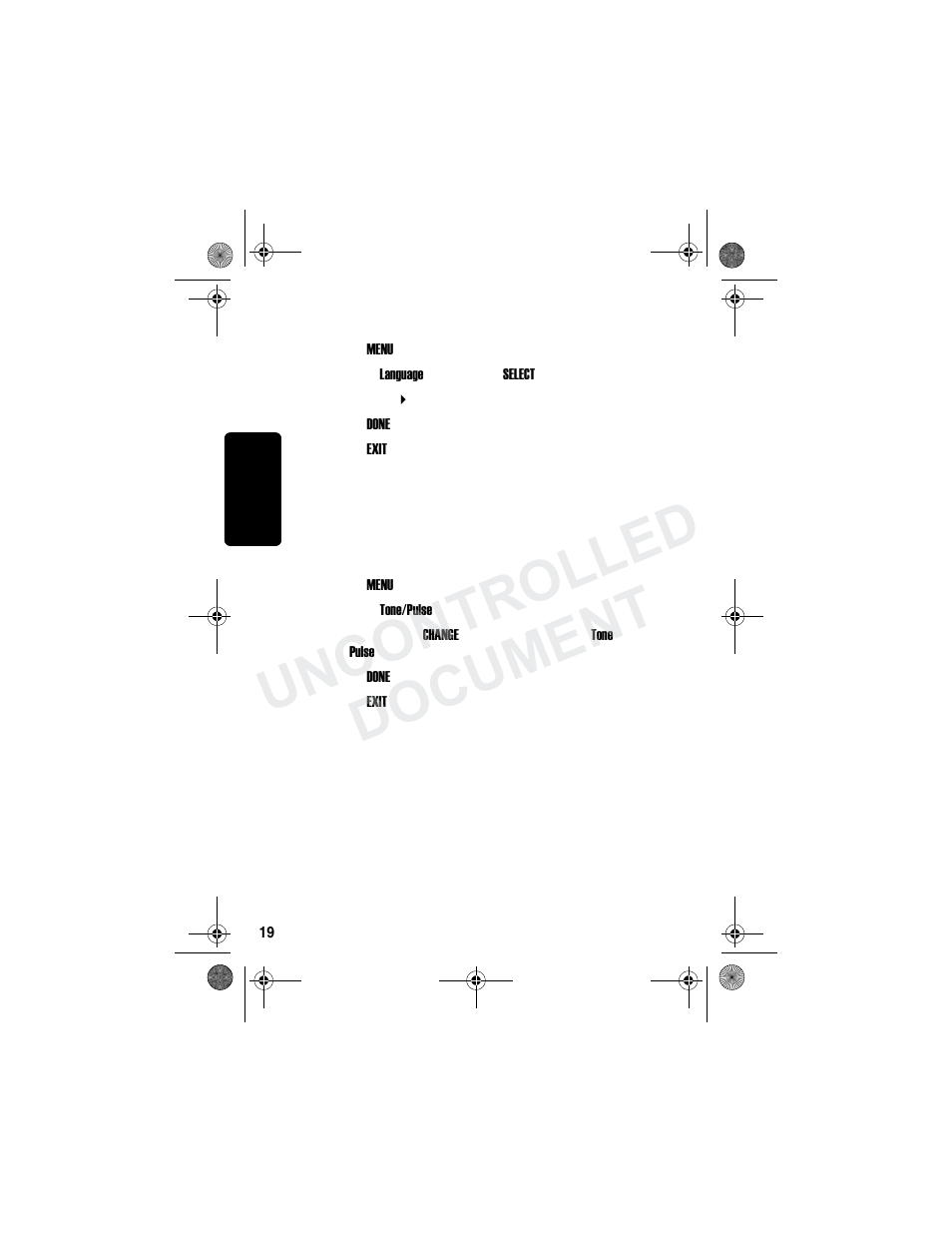 Setting the language, Setting touch tone or pulse dialing, Uncontrolled document | Motorola MD790 Series User Manual | Page 35 / 70