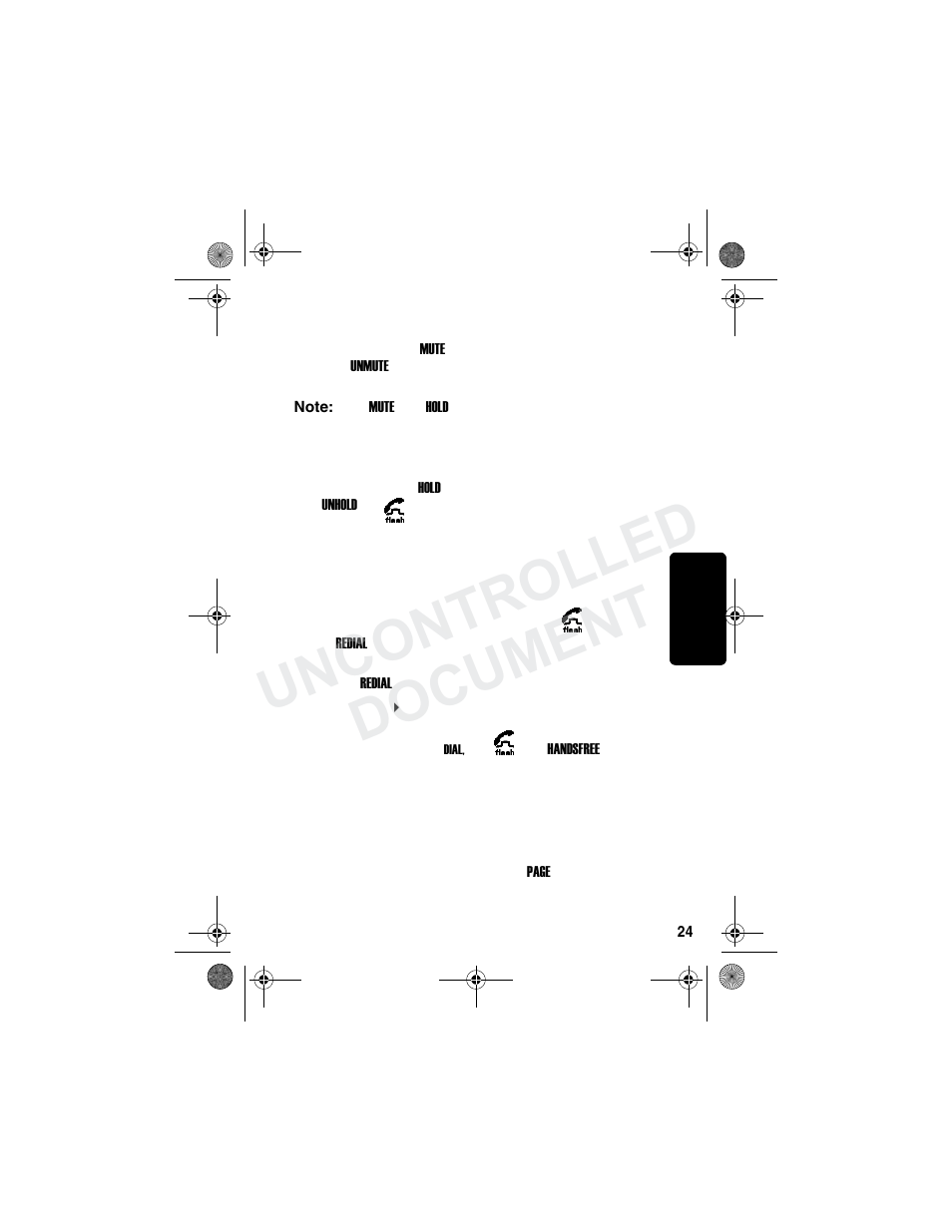Muting a call, Putting a call on hold, Redialing a number | Finding a lost or misplaced handset, Re l im in ar y, Uncontrolled document | Motorola MD790 Series User Manual | Page 40 / 70