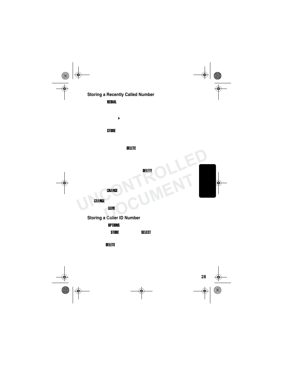 Storing a caller id number, Storing a recently called number, Re l im in ar y | Uncontrolled document | Motorola MD790 Series User Manual | Page 44 / 70