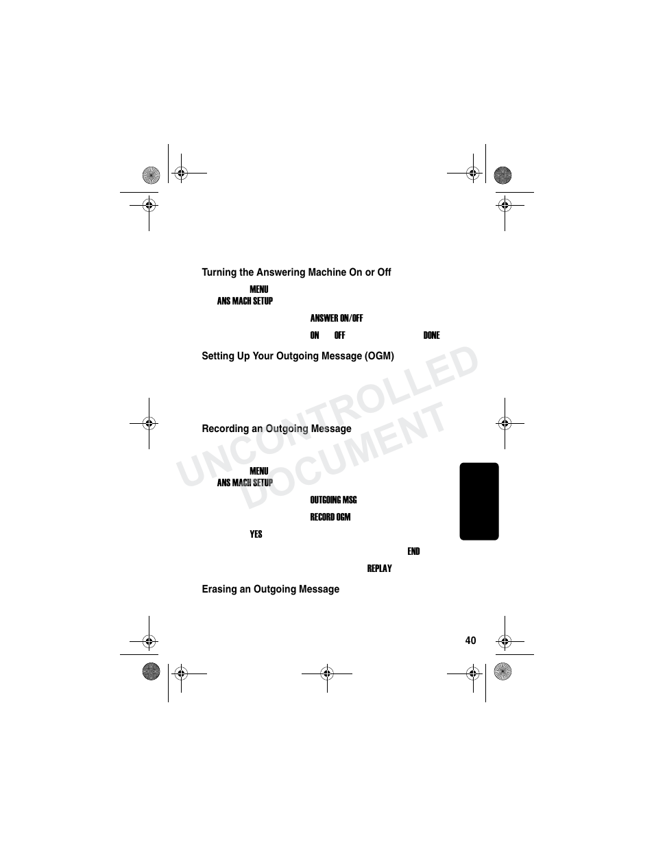 Setting up the answering machine, Turning the answering machine on or off, Setting up your outgoing message (ogm) | Recording an outgoing message, Erasing an outgoing message, Uncontrolled document | Motorola MD790 Series User Manual | Page 56 / 70
