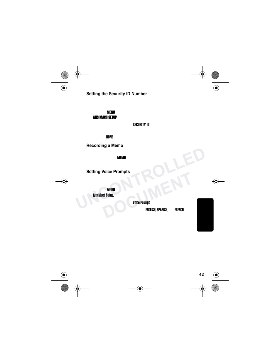Setting the security id number, Recording a memo, Setting voice prompts | Uncontrolled document | Motorola MD790 Series User Manual | Page 58 / 70