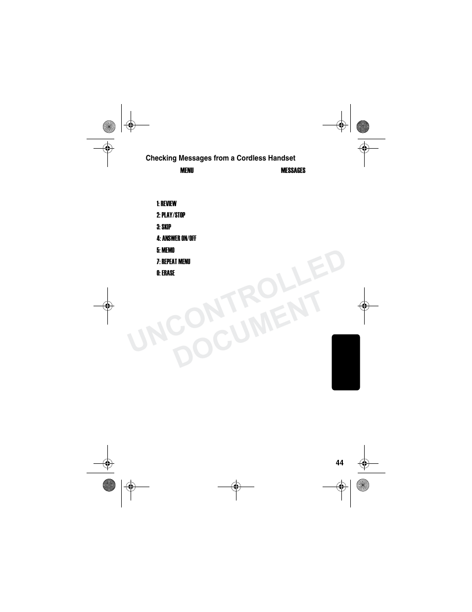 Checking messages from a cordless handset, Uncontrolled document | Motorola MD790 Series User Manual | Page 60 / 70