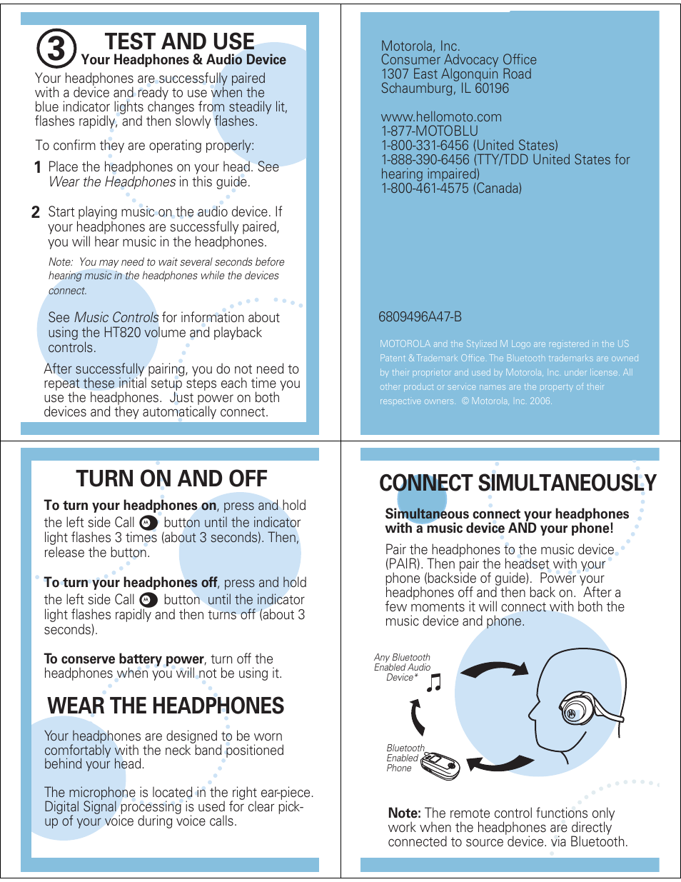 Test and use, Wear the headphones, Turn on and off | Connect simultaneously | Motorola HT820 User Manual | Page 2 / 5